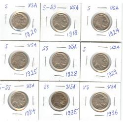 Lot of 9 x 5 cents coins 1918 to 1936