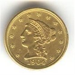 2 1/2 gold Dollars 1904, AU-50, Coronet Head