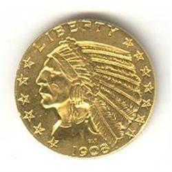 5 Dollars 1908, Indian Head, grade EF/AU