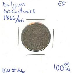 Belgium 50 Centimes, 1866/66, grade EF-40
