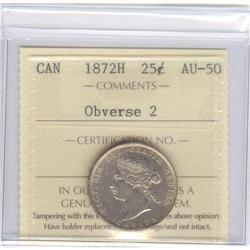 25 Cents 1872H, ICCS AU-50; Obverse # 2