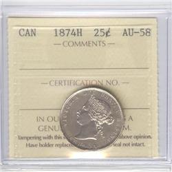 25 Cents 1874H, ICCS graded AU-58