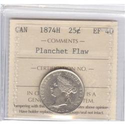 25 Cents 1874H, graded ICCS EF-40