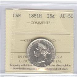 25 Cents 1881H, ICCS graded AU-50