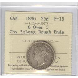 25 Cents 1886, ICCS graded F-15; 6 Over 3