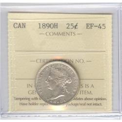 25 Cents 1890H, ICCS graded EF-45