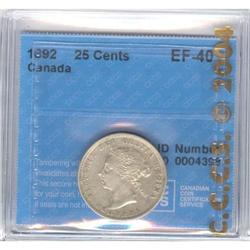 25 Cents 1892, graded ICCS EF-40