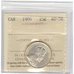25 Cents 1904, graded ICCS AU-58