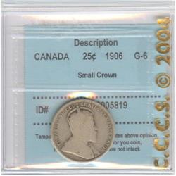 25 Cents 1906, graded CCCS G-6; Small Crown