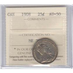 25 Cents 1908, graded ICCS AU-50