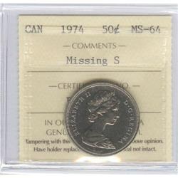 50 Cents 1974, graded ICCS MS-64; Missing S