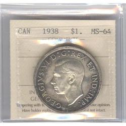 Silver Dollar 1938, graded ICCS MS-64