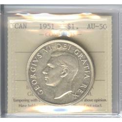 Silver Dollar 1951, ICCS AU-50; Arnprior