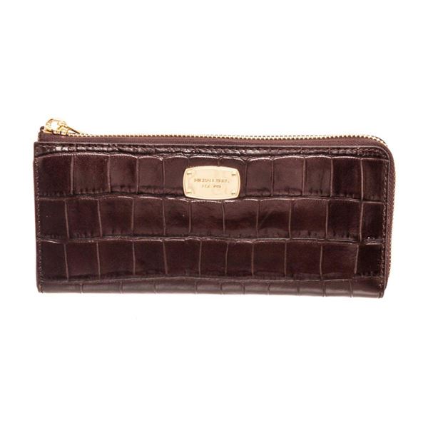 Michael Kors Brown Crocodile Embossed Leather Zippy Wallet