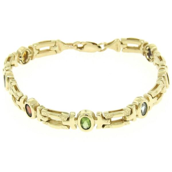 14K Yellow Gold 7  Fancy Link 2.0 ctw Genuine Bezel Oval Multi Gemstone Bracelet