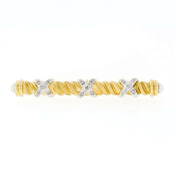 Estate 14k Gold Single Cut Diamond "X" Figure Satin Twisted Cable Bar Pin Brooch