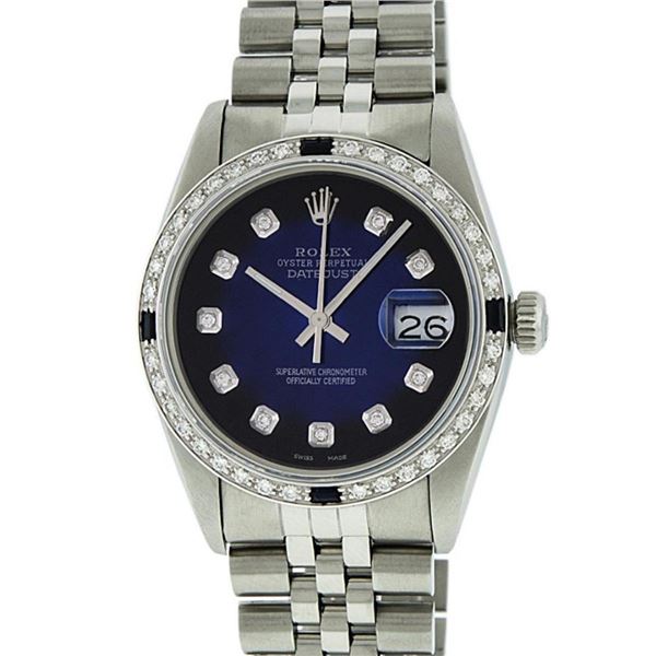 Rolex Mens Stainless Steel Blue Vignette Diamond & Sapphire Datejust Wristwatch