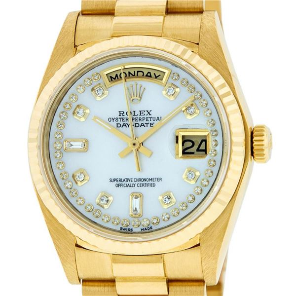 Rolex Mens 18K Yellow Gold Mother Of Pearl Diamond Quickset President Wristwatch