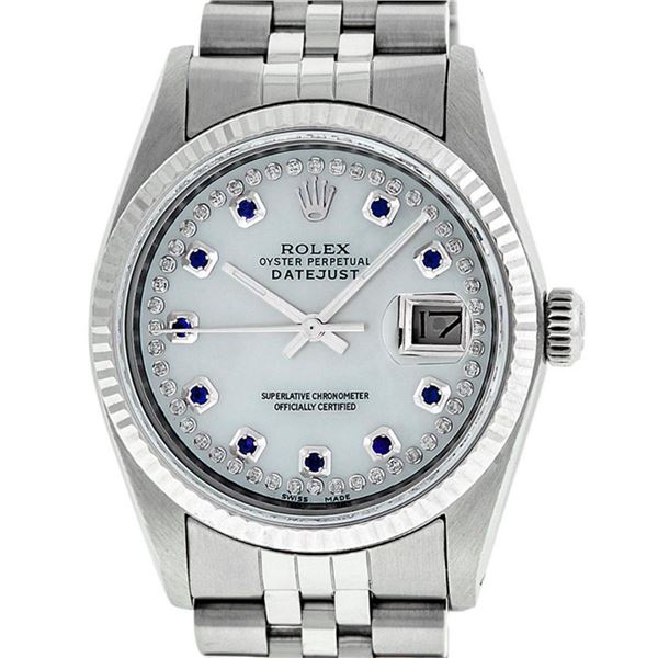 Rolex Mens Stainless Steel Mother Of Pearl Diamond & Sapphire Datejust Wristwatc