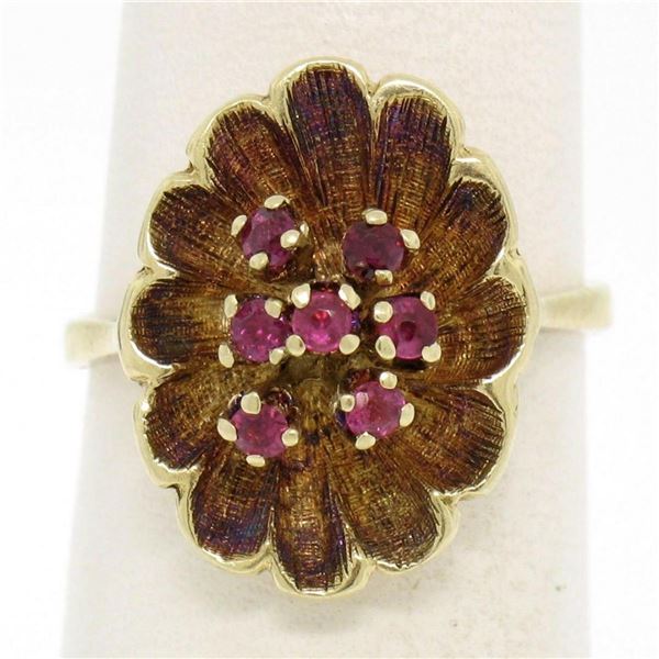 Vintage 14k Yellow Gold 0.25 ctw Round Ruby Cluster Brushed Texture Flower Ring