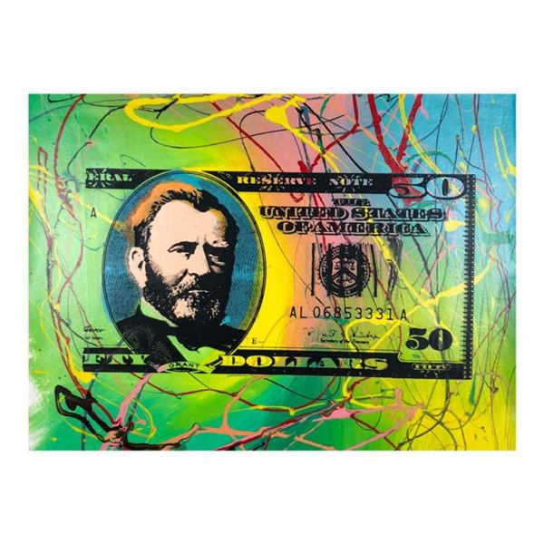 Steve Kaufman (1960-2010) "50 Dollar Bill" Hand Signed and Numbered Limited Edition Hand Pulled silk