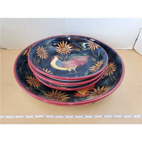 Rooster serving dish w/ 3 hen bowls