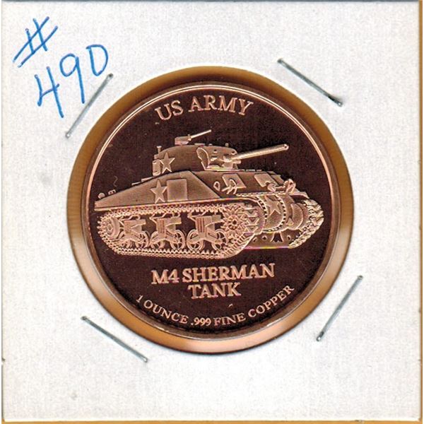 1 OUNCE COPPER  .999 FINE - US ARMY - M4 SHERMAN TANK