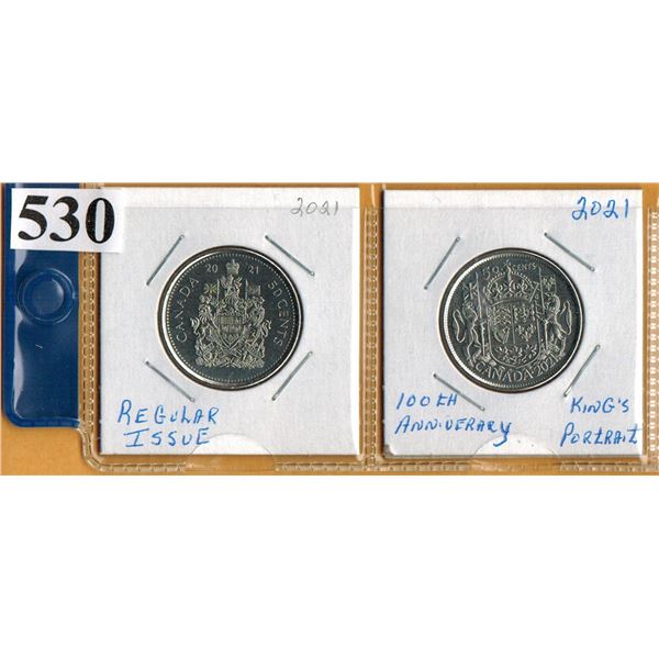 2021 50 CENT COINS - Regular Type & 100th Anniversary of Canada's Coat of Arms (King's Portrait)