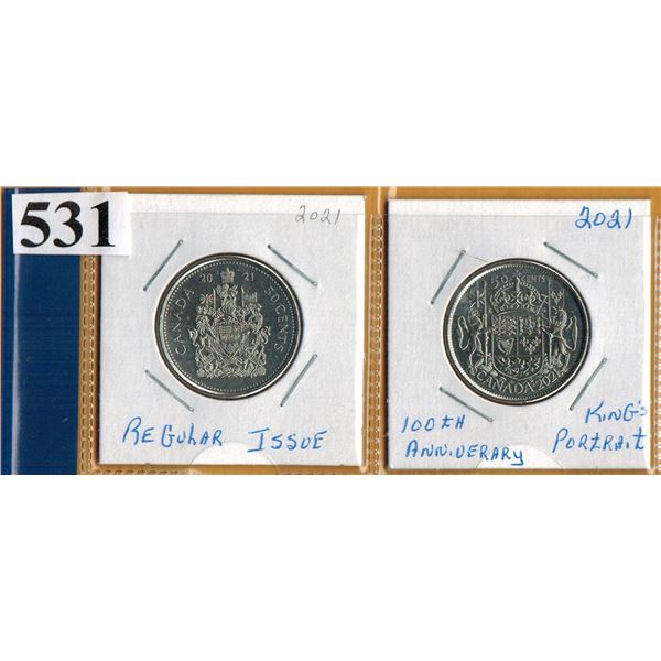 2021 50 CENT COINS - Regular Type & 100th Anniversary of Canada's Coat of Arms (King's Portrait)