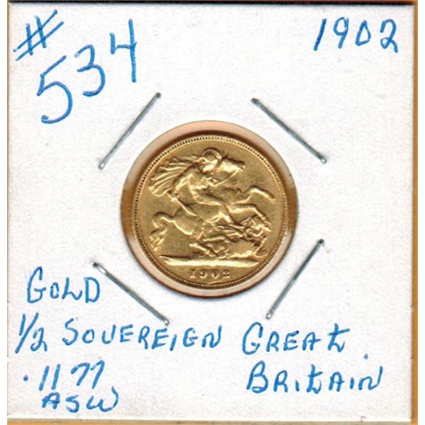 1902 GREAT BRITAIN - GOLD HALF SOVEREIGN - .1177 Actual Gold Weight