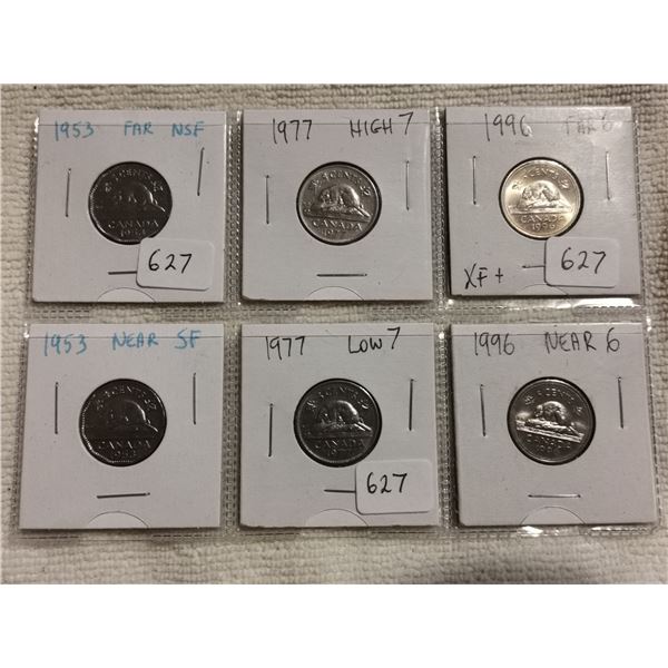 6 Variety 5 cents, 2 - 1953, 2-1977, 2-1996
