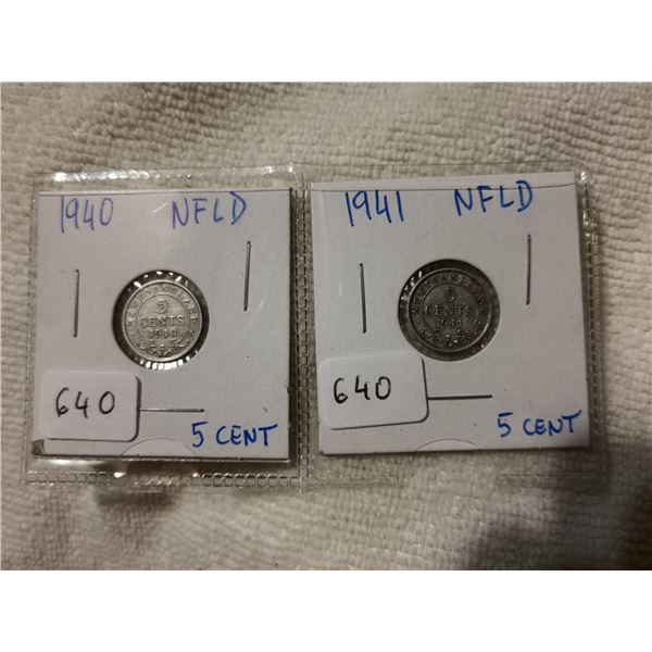 1940 & 1941 Newfoundland 5 cent silver coins