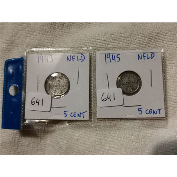 1943 & 1945 Newfoundland 5 cent silver coins