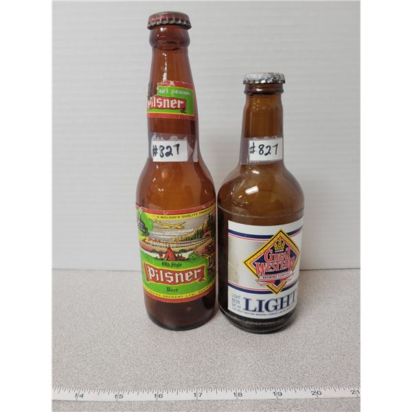 Pilsner and Great Western Light Beer bottles with caps