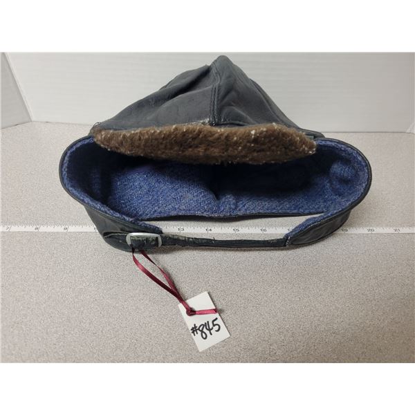 Black leather aviator cap lined with flannel and wool fabric