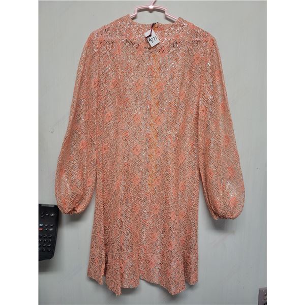 1970’s Cocktail dress, coral polyester and silver mesh, size 12