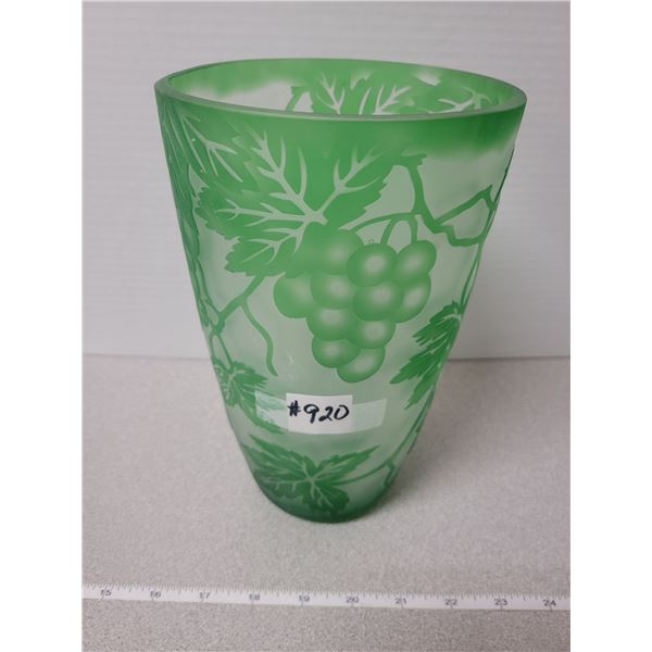 Frosted vase with carved green grape décor, 9” high