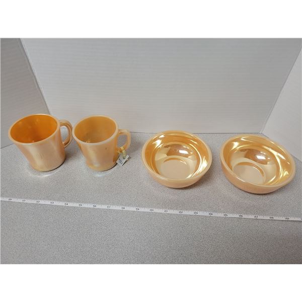 Peach luster FireKing, 2 coffee mugs, 2 cereal bowls