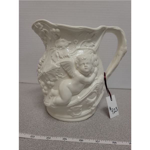 Salt glaze 7” pitcher with Cupid motif, Staffordshire, England
