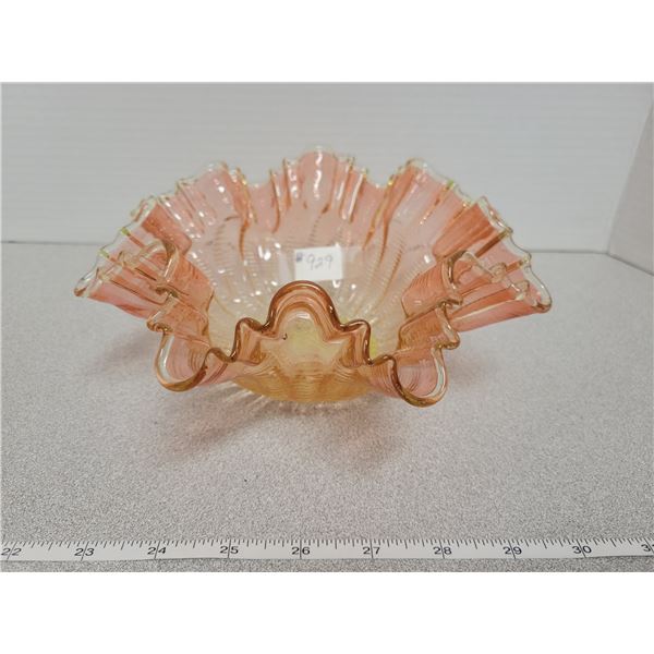 Pink ruffled bride’s basket bowl, vaseline yellow base, yellow on ruffle edge, 8 ½ “