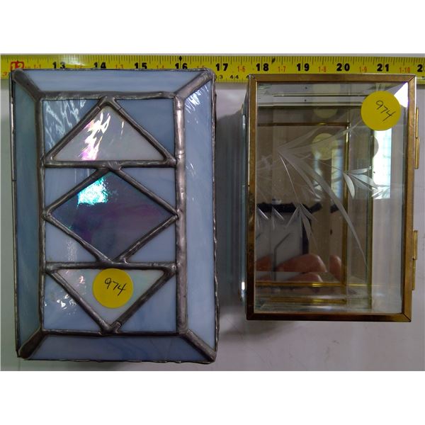 Blue Lead Glass & Bevel Clear Glass Trinket Boxes