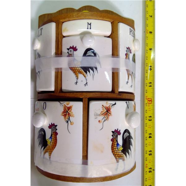 "Fifties" Rooster Condiment Set in Wood Box