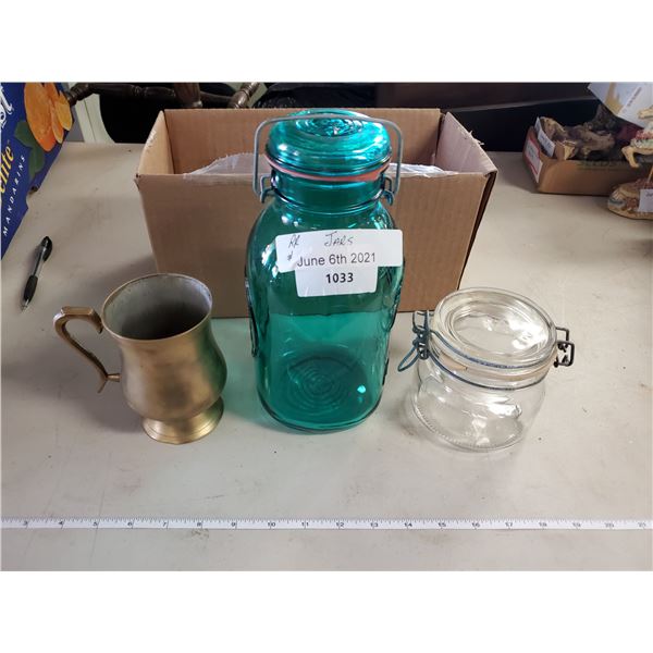 2 GLASS JARS & COPPER MUG (AQUA COLOUR BALL IDEAL)