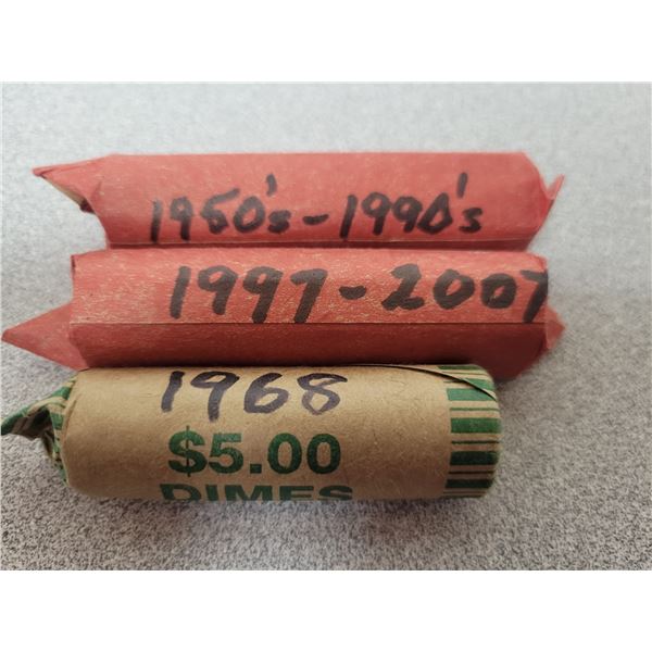 Two rolls of Canadian pennies & one roll of 1968 silver dimes