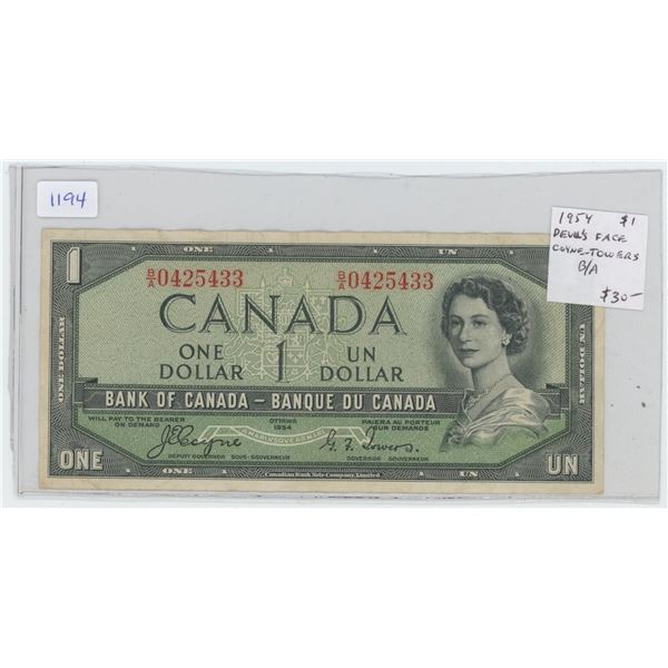 1954 Canadian $1 Bill - Devil's Face
