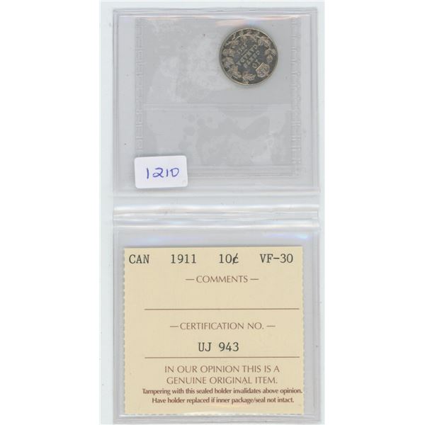 1911 Canadian Dime VF30