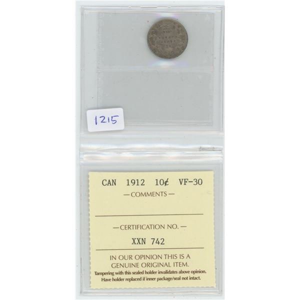1912 Canadian Dime VF30