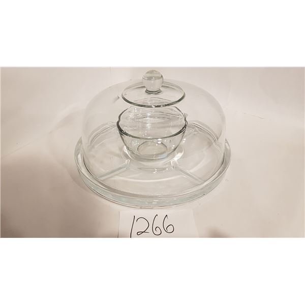 Large Glass Serving Tray with Large Lid and Built-in Bowl