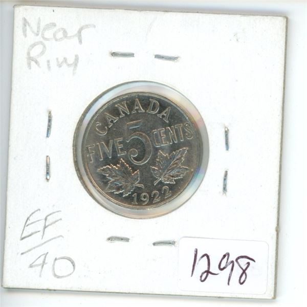 1922 Canadian 5 Cent Coin (Near Rim)