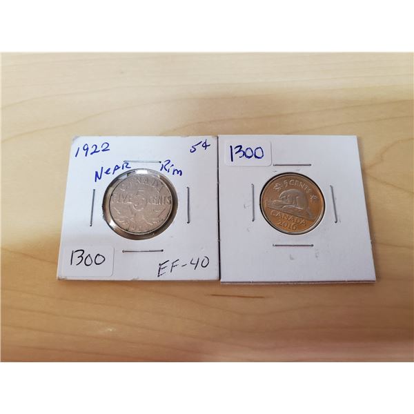 1922 Canadian 5 Cent Coin Near Rim, 2016 5 cent
